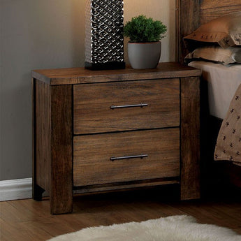 Elkton Nightstand in Natural Wood Grain. A cabin-like inspiration is evident throughout this piece with a natural wood grain finish. Features two drawers with antique handle pulls.