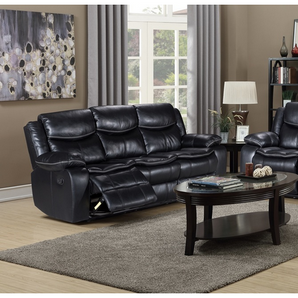 Emerson Black Reclining Sofa.  The Emerson is upholstered in air gel leather with pocket coil seating. This Emerson reclining sofa features a drop-down tray with cup holders, pillow arms, and comes in black color.
