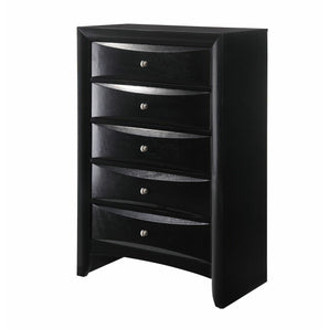 Emily Chest 5 Dovetail Drawers in Black finish. This beautiful wood chest adds a contemporary style highlight to your bedroom. It has five spacious drawers with silver brushed metal knobs.