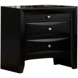 Emily Nightstand in Black with Pull-Out Tray. Featuring a pull-out tray for added tabletop space, this contemporary nightstand adds formal elegance to your bedside. Completed with a black finish and a bottom dust-proof case. Also available in dark cherry and grey. 