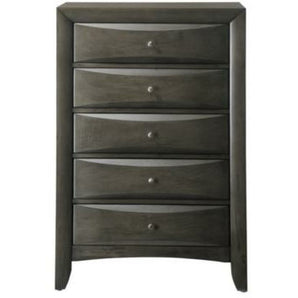 Emily Chest 5 Dovetail Drawers in Grey finish. This beautiful wood chest adds a contemporary style highlight to your bedroom, It has five spacious drawers with silver brushed metal knobs. Also available in black and dark cherry finish.