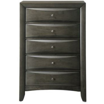 Emily Chest 5 Dovetail Drawers in Grey finish. This beautiful wood chest adds a contemporary style highlight to your bedroom, It has five spacious drawers with silver brushed metal knobs. Also available in black and dark cherry finish.