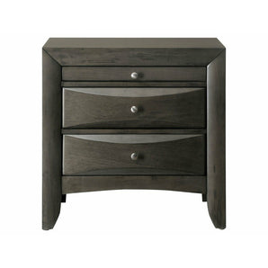 Emily Nightstand in Grey with Pull-Out Tray. Featuring a pull-out tray for added tabletop space, this contemporary nightstand adds formal elegance to your bedside. Completed with a black finish and a bottom dust-proof case. Also available in black and dark grey.