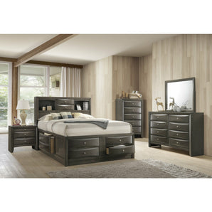 Emily 5-Piece Bedroom Set in Grey finish. This stylish and sophisticated Emily bedroom sets brings contemporary style to your master bedroom. This set includes bed, chest, dresser, mirror, and nightstand.
