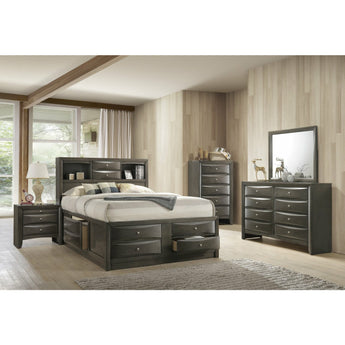 Emily 5-Piece Bedroom Set in Grey finish. This stylish and sophisticated Emily bedroom sets brings contemporary style to your master bedroom. This set includes bed, chest, dresser, mirror, and nightstand.