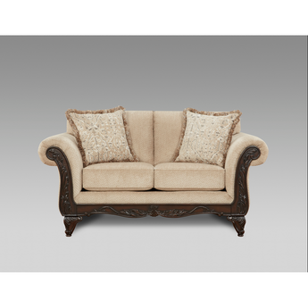 Emma Wheat Loveseat features rolled arms, carved wood feet, and lavishly carved wood front rail. A matching sofa is also available.