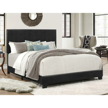 Erin Black Upholstered Bed feature a low profile construction with tapered block legs, and faux leather upholstery. 