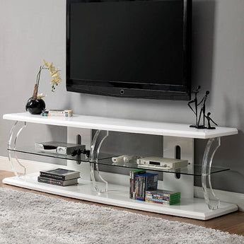 Ernst 72" TV Stand in White. This piece shines with a cutting edge aesthetic, and to take things over the top LED lights are implemented to light up the acrylic posts, giving it a sci-fi look and setting the mood in your living room