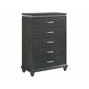 Frampton 5-Drawer Chest in Dark Grey. Featuring elegantly glamorous drawer and knob pulls, as well as a glittery outline around the top, this piece is unlike any other.
