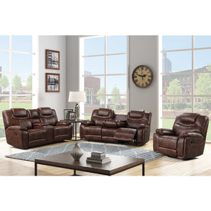 3 Piece Brown Oversized Brown Reclining Living Room Set - Galveston. Includes sofa with drop-down tray, loveseat wiith cupholders and recliner chair with rocker and swivel. Leather gel material, durable construction.
