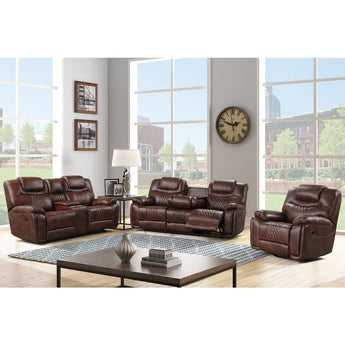 3 Piece Brown Oversized Brown Reclining Living Room Set - Galveston. Includes sofa with drop-down tray, loveseat wiith cupholders and recliner chair with rocker and swivel. Leather gel material, durable construction.