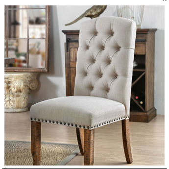Gianna Side Chair in Rustic Oak/Ivory- made of fabric, solid wood and wood veneer, button tufted with nailhead trim, bold and sturdy design, upholstered seat