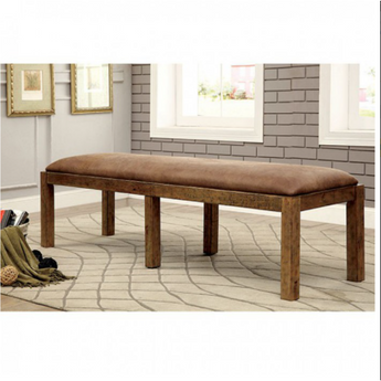 Gianna Rustic Dining Bench in Oak. The weathered finish of this bench draws attention to the sturdy solid wood framework while providing the necessary support for a worry-free dinner setting. The bench features an earthy-toned fabric that enhances the wood elements.