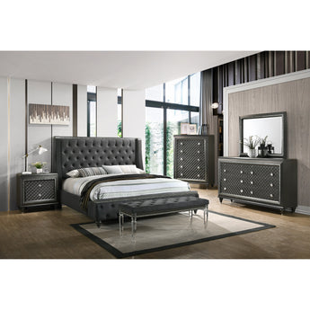 Giovani 5 Piece Bedroom Set in Black.  From the button tufted upholstery, to the stunning black finishes with flashy silver accents, these pieces are made to impress. This set includes bed, chest of drawers, dresser, mirror and nightstand.