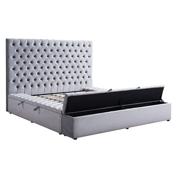 Gray upholstered button tufted storage platform bed. Crushed velvet material. 
