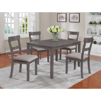 Henderson 5PC Dining Set in Light Grey. Bring casual style to your dining area with this set. The table features a rectangular top and sturdy straight legs and the chairs offer a ladder back and an upholstered seat. This set includes one table and four chairs.
