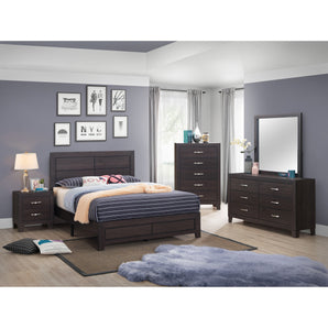 Hopkins 5-Piece Bedroom Set in Brown. This set includes bed, chest, dresser, mirror, and nightstand.