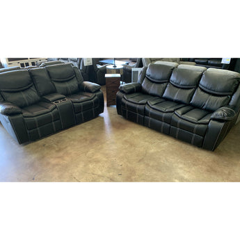 Emerson Black Reclining Sofa Set. The Emerson is upholstered in air gel leather with pocket coil seating. Available in Black and Brown with contrast stitching.
