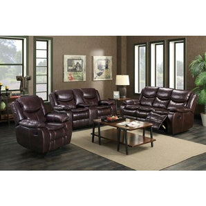 Emerson Brown Reclining Sofa. The Emerson is upholstered in air gel leather with pocket coil seating. This Emerson reclining sofa features a drop-down tray with cup holders, pillow arms, and comes in a chocolate brown color.