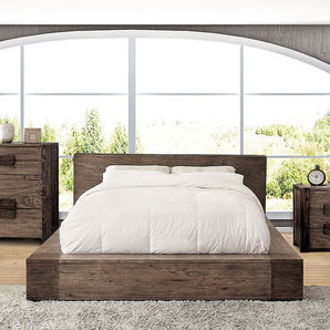 Janiero Rustic Bed in Natural Tone. A low-profile head and base design with natural wood grain patterns creates a comfortable appeal.