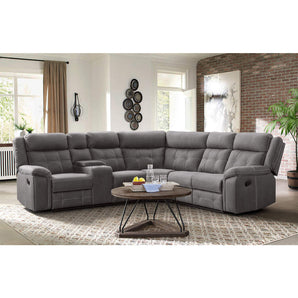 3 Piece Reclining Sectional upholstered in grey microfiber