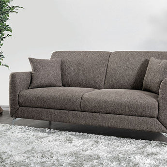 Lauritz Sofa in Brown- Rounded Padded Arms, stainless steel leg, linen-like fabric, high density foam cushions, pillow included