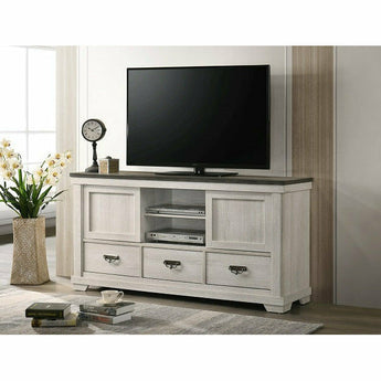 Home Entertainment White 63" TV Stand - Leighton. Use in your living room as a TV stand to fit up to a 63-inch TV. White finish with brown on top.