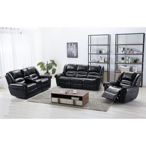 Black Reclining Sofa, Reclining loveseat with cup holder and recliner with nailhead trim.