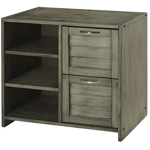 Louver 2 Drawer Chest with Shelves in Antique Grey Stain. Constructed out of 100% pine wood and finished in non toxic antique grey. Two drawers and three open shelves.