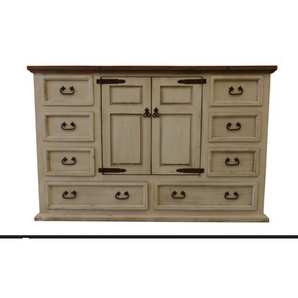 This Ricky Rustics 8-Drawer Dresser this dresser is sure to make a great impression in your bedroom! Finished in pearl and handcrafted from solid wood. It has eight spacious storage drawers and 2 doors.