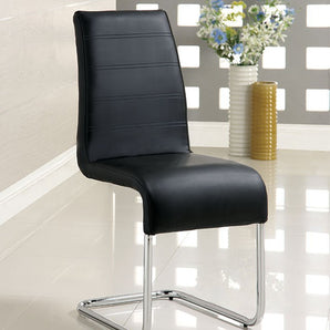 These Mauna side chairs are one of a kind statement piece that will surely capture any guest's attention. The sweeping chair legs and unique shape make for perfect modern styling in a contemporary styled home. Padded black leatherette seats and chrome legs. Includes 2 pieces per box.