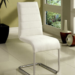 These Mauna side chairs are one of a kind statement piece that will surely capture any guest's attention. The sweeping chair legs and unique shape make for perfect modern styling in a contemporary styled home. Padded white leatherette seats and chrome legs. Includes 2 pieces per box.