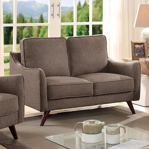 Maxime Light Brown Sofa -  featuring box cushion back and seat cushions, tapered, angled legs, and curved track arms. 