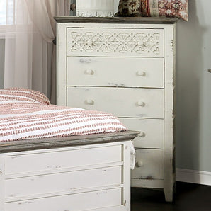 Rustic Grey Chest of Drawers - Myrtlemoore. Features 5 drawers with English dovetail and ball bearing glides each drawer. Made of sustainably sourced pine wood.