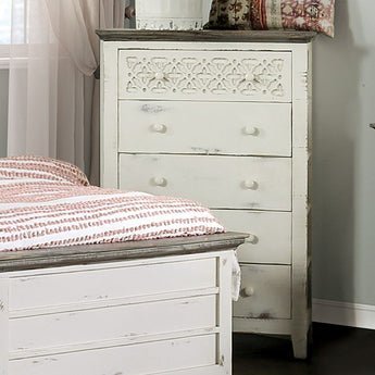 Rustic Grey Chest of Drawers - Myrtlemoore. Features 5 drawers with English dovetail and ball bearing glides each drawer. Made of sustainably sourced pine wood.