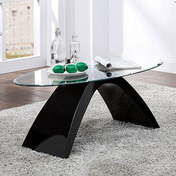 Nahara Coffee Table features tempered glass top and high gloss finish in black