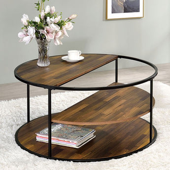 Industrial Black/Walnut Coffee Table - Orrin. The Orrin coffee table is a modern design with it's sleek curves and distinguishable half-shelves. 