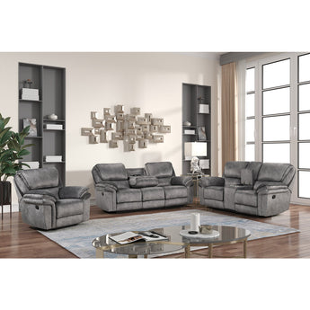 3 Piece Reclining Living Room Set. Sofa with drop-down tray and loveseat with middle console. Fabric material, durable construction