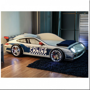 Poe Twin Race Car Bed- MDF, particle board, painted edges, LED Night Lights on Headlights & Wheels, high gloss surface, metal supports, slat kits inlcuded