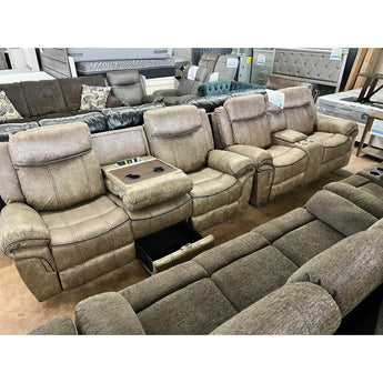 Brown reclining sofa and love seat with storage drawer and drop tray 