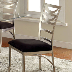 Roxo Contemporary Side Chair in Silver & Black Color. Features padded microfiber cushions, elegant back design and metal frames with satin plated powder coating.