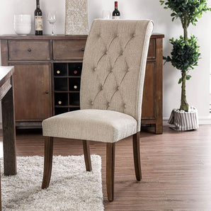 Sania Side Chair in Antique Oak/Beige. The rustic wood grain and antique oak finish take you to a charming farmhouse somewhere in the countryside. Elegant beige linen-like chairs add sophisticated appeal with their scroll backs and button tufting.