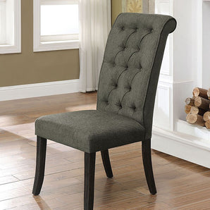 Sania Side Chair in Antique Black- fabric and solid wood, scrolled back, button tufted