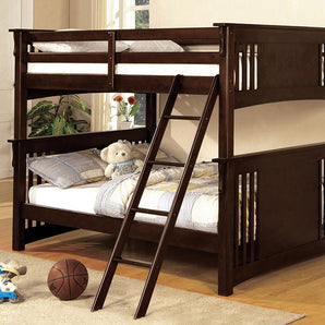 Spring Creek Full/Full Bunk Bed in Dark Walnut- solid wood, wood veneer, angle fixed ladder, mission style