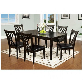 Springhill 7-Piece Ding Set in Dark Brown Finish. It features one rectangular table and six upholstered side chairs.