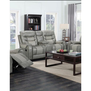 Starwood Grey Reclining Loveseat. Durable leather upholstery with middle console.