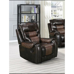 Starwood Brown Rocker Recliner in a durable leather upholstery with nailhead trim.