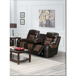 Starwood Reclining Sofa in an two-toned brown. Durable leather upholstery. 