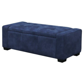 Gavyn Storage Bench in Navy. This cozy upholstered bench with a lift-top seat reveals hidden storage, perfect for entryways, bedrooms, or any space where a little extra storage is welcome. The classic diamond-stitched, button-tufted top is upholstered in durable microfiber suede. 