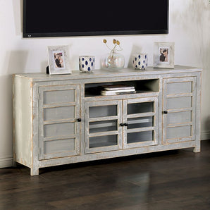 Farmhouse Weathered Gray 70" TV Stand - Tedra. Charming farmhouse-inspired media console that's made from solid wood. Features open shelf and barn-door style cabinets.